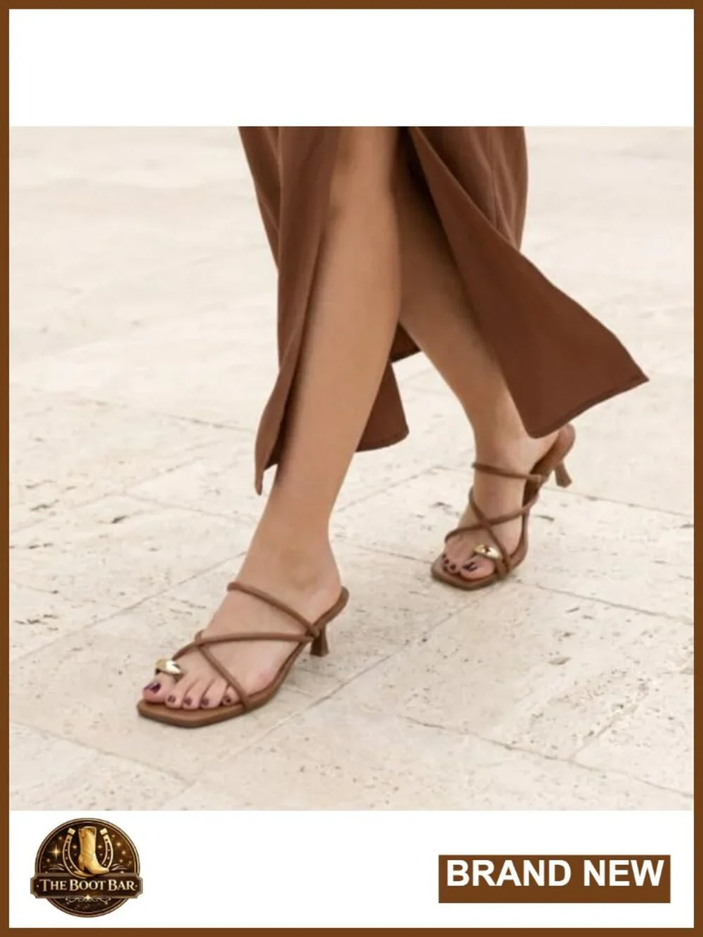 Strappy Square Toe Kitten Heel Sandals Vegan Leather Slip On Heels